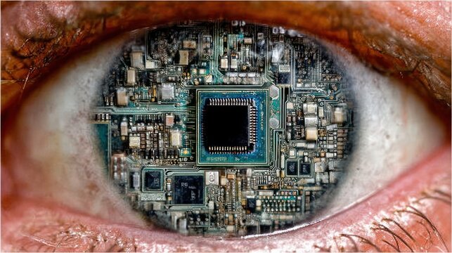 Eye of technology circuit board embedded in human eye illustration
