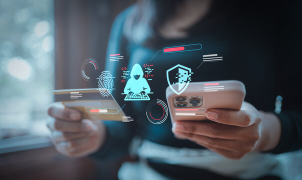 AI hacking cyber attack and financial data theft concept, anonymous hacker hologram bypassing biometric fingerprint security during online credit card payment transaction on smart mobile phone
