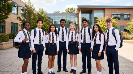 Fototapeta premium A group of diverse teenage high school students in formal uniforms with ties and backpacks standing together in a school courtyard for back to school education 1st of September