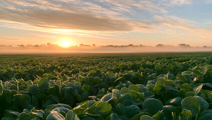 Fototapeta premium At dawn, the soybean field, a depiction of agricultural techniques