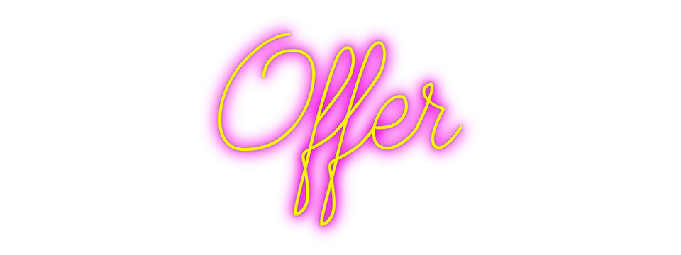 Bright orange neon sign with the word offer written in a cursive script font isolated, PNG background