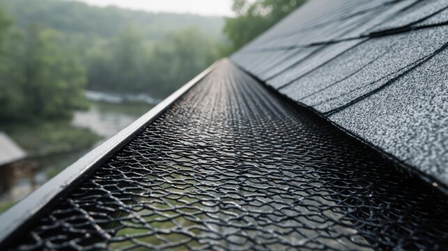 Close up of a rain gutter with a mesh guard on a residential rooftop