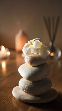 Smooth spa stones with delicate plumeria flowers rest on warm wood. Candlelight and a glowing diffuser evoke a serene atmosphere of balance and luxury.