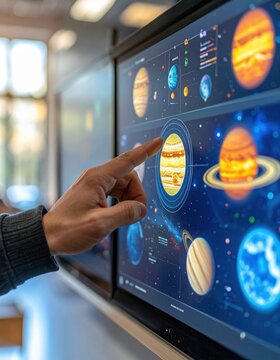 person touching interactive digital screen showing galaxy planets and solar system simulation for education research and data analysis
