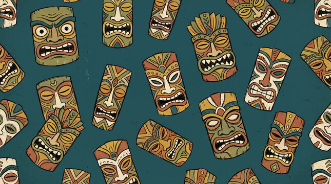 Colorful tiki masks in a vibrant pattern on teal background  