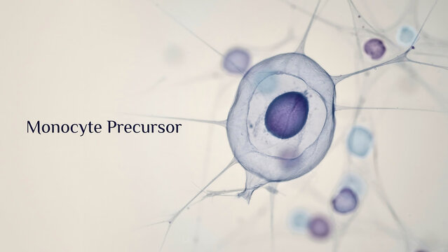Microscopic view of monocyte precursor cell with detailed internal structure under magnification