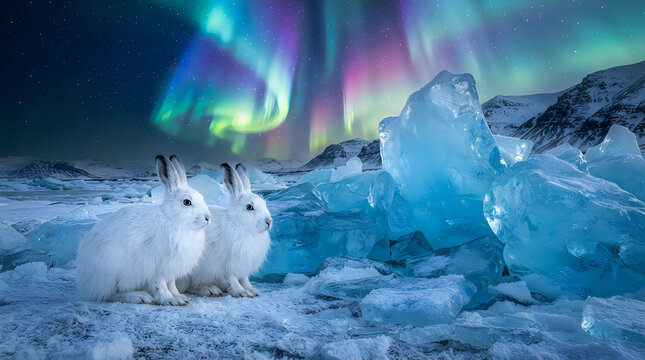 Arctic Hares sitting on ice blocks under Aurora Borealis in snowy landscape