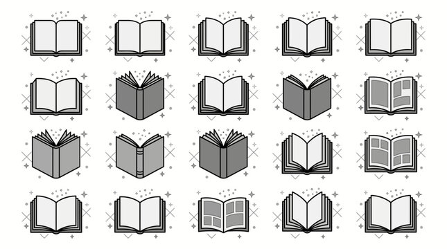 Collection of open book line icons and minimalist reader vector symbols showing blank pages, magical sparkles and textbook layouts, representing academic learning and creative literacy