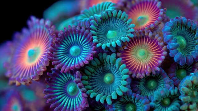 Vibrant close up of colorful coral polyps displaying aquatic underwater life