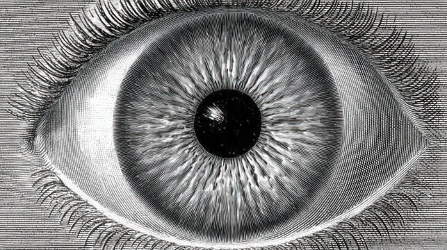 Detailed close up grayscale illustration of a human eye with lashes