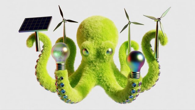 Green energy octopus holding wind turbines and solar panels. Eco friendly power concept.