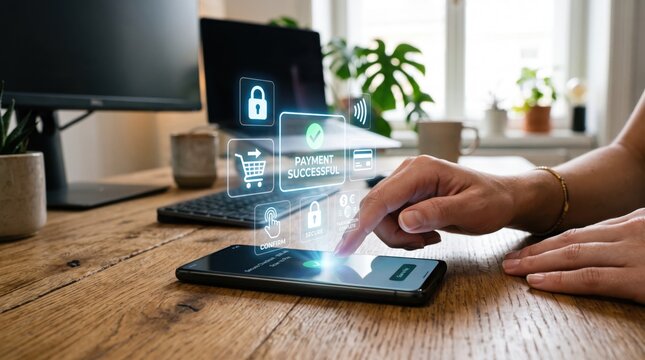 Woman hand using smartphone for mobile payment, digital banking transaction successful, online shopping checkout, secure fintech app interface, contactless money transfer