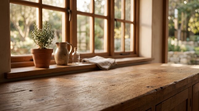 Empty wooden countertop in front of a sunny kitchen window for product placement in a rustic farmhouse interior