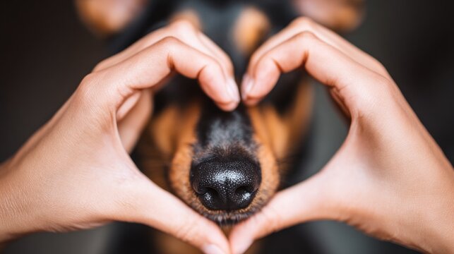 Dog enclosed by hands in heart shape symbolizing love and affection