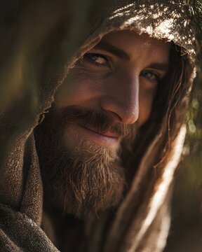 Close up portrait of a bearded man wearing a hooded robe with a gentle smile looking forward