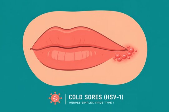 Cold sores medical infographic showing herpes simplex virus type 1 hsv-1 blisters on lip