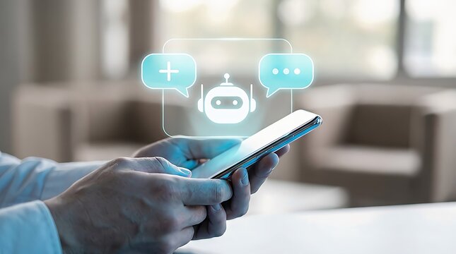 Person using a smartphone with a holographic artificial intelligence chatbot interface for digital communication and virtual assistance