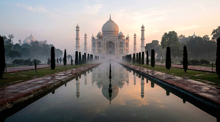 Obraz premium Beautiful Taj Mahal monument in Agra, India, during a calm sunrise with a clear reflection in the water pool of the historic garden courtyard under a soft morning sky
