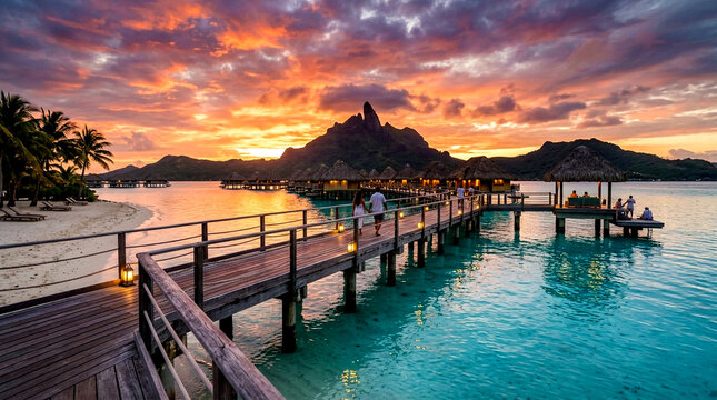 Beautiful wooden pier stretching over tropical turquoise water towards a mountain island under a colorful sunset sky in Bora Bora French Polynesia