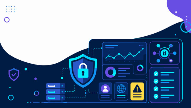Digital dashboard shows security systems in operation. Shield icon emphasizes protection with glowing blue accents. Graphs and icons reveal real-time data monitoring activity