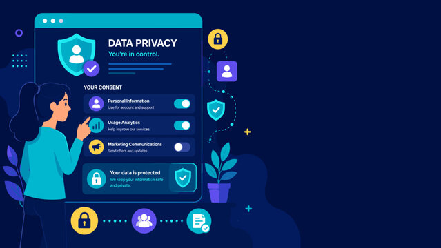 Digital interface shows data privacy controls. Woman interacts with secure settings via touchscreen. She appears confident, focused on protecting personal info. Visual includes shields, locks