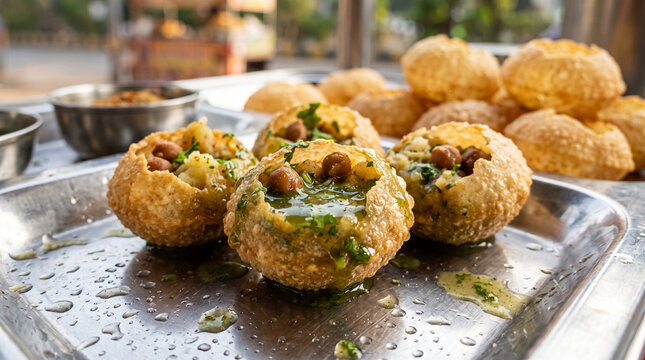 Panipuri, also popularly known as Golgappa or Gupchup.They are a popular street food snack featuring hollow, crispy shells filled with spiced potatoes and chickpeas.