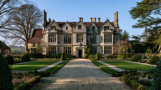 Historic English manor house set in the Hampshire countryside with blue skies and lush greenery