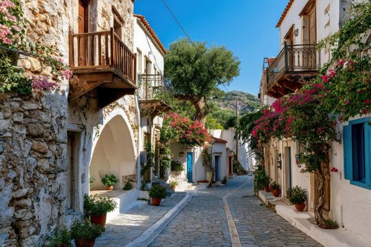 Historic streets of Archanes: whitewashed walls, wooden balconies, terracotta roofs, and blue doors in sun