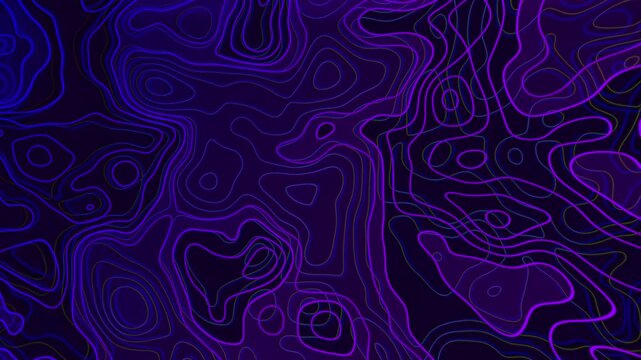 Abstract purple and blue neon topographic contour lines moving background animation
