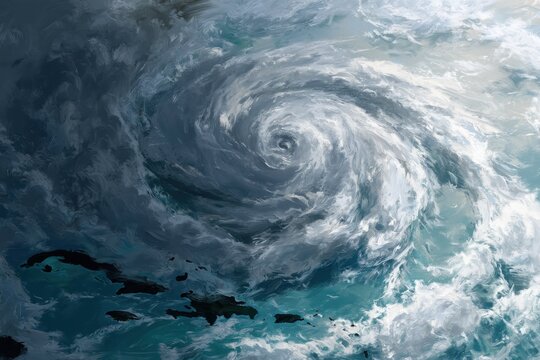 Tropical cyclone sweeping across the Caribbean Sea with eye visible, heavy rain bands, heading to US shores