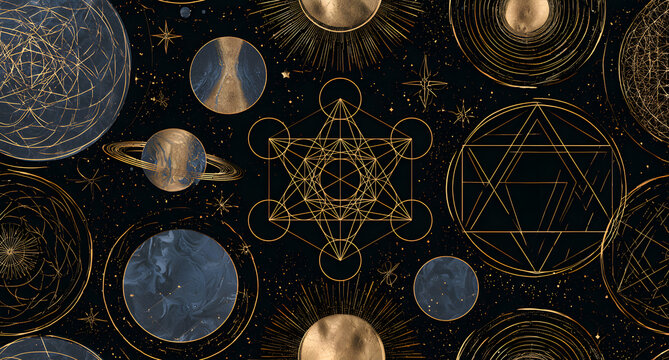 A wallpaper displaying cosmic sacred geometry, featuring marbled and gold foil inlay, and celestial stars