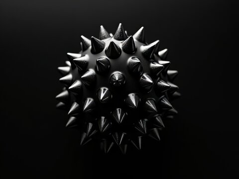 Black textured spiky sphere isolated in deep shadow, abstract danger concept