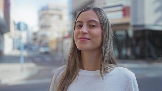 Young hispanic woman smiling with face visible and long hair framing her face on a city street with blurred buildings and sidewalk; calm confidence.