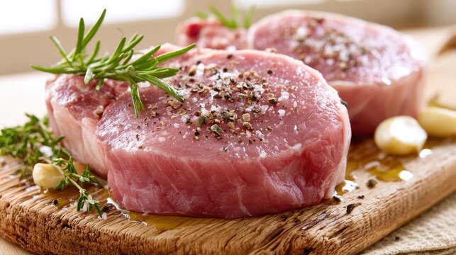 Uncooked center-cut pork chops on a wooden cutting board in a bright kitchen scene