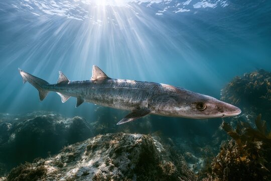 Underwater scene: curious spiny dogfish exploring sunlit turquoise water