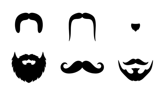 Black Silhouette Facial Hair Styles, Vector Icons Set: Mustaches, Beards, Goatees for Character Design, Vintage Looks, and Graphic Elements