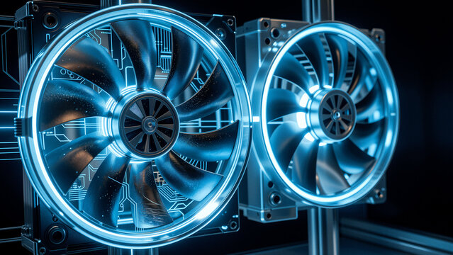 Two glowing blue computer fans