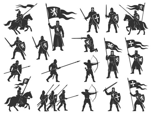 Medieval knights and soldiers in battle silhouettes.
