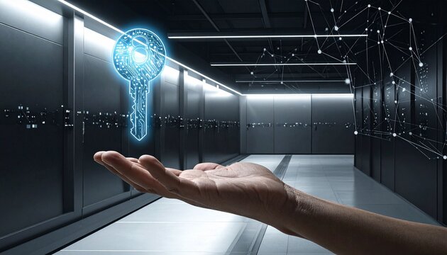 Digital key glows with radiant clarity, radiating resilience, security, and access; a vivid emblem of encryption, trust, and transformation within technology.