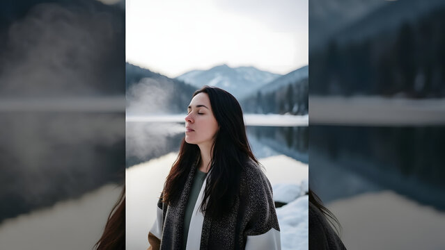 Woman meditating by frozen lake with misty mountains in background