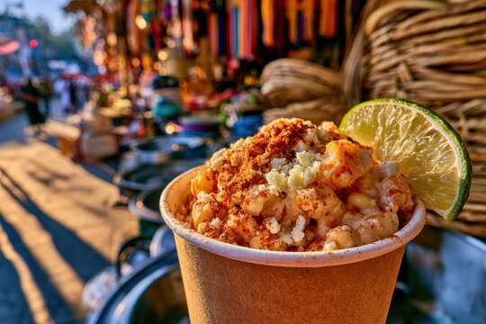 Vibrant esquite cup: Mexican corn salad topped with chili powder and cotija cheese at a bustling street market