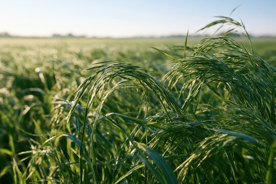 Vibrant Johnson grass growing in a calm rural field at golden hour