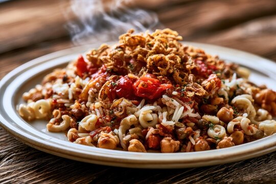 Vibrant kushari bowl close-up: savory tomato sauce, rice, pasta, lentils and chickpeas in warm lighting