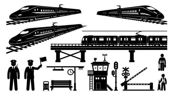 High-Speed Train Collection, Bullet Train Icons, Railway Station Elements, Transportation Vector Set, Public Transit Graphics