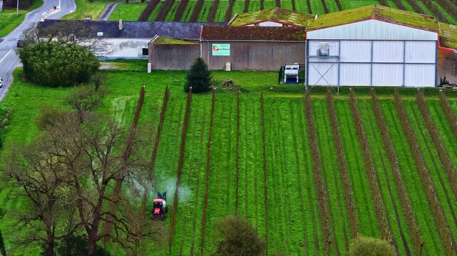 Aerial view of a tractor spraying rows of vines in a lush green vineyard with farm buildings in the background, Europe.