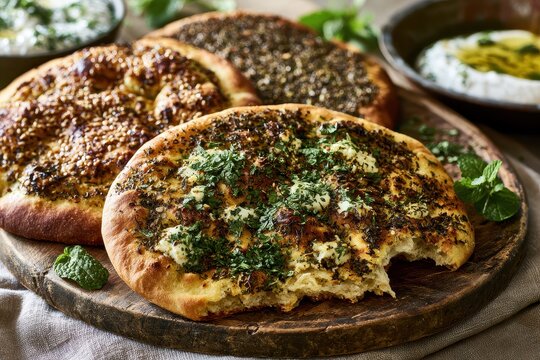 Warm Flatbread Trio: Zaatar, Thyme Manoushe with Mint and Labneh