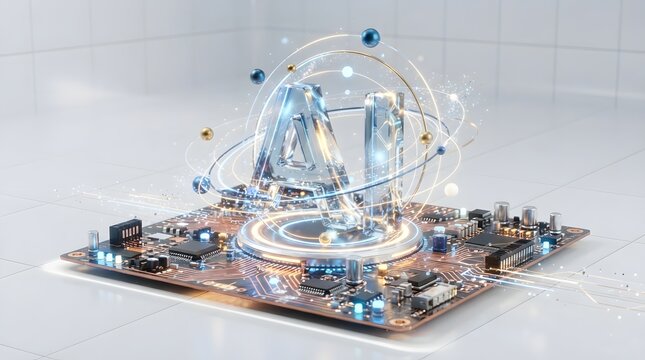 Futuristic ai processor chip with glowing digital orbits and data connections on a white background