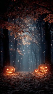 Enchanted woods with bewitching halloween pumpkins. Dreamlike imagery. Evil pumpkins lurking in the enchanting dark woods. Surreal portraits. Fantastical figures.