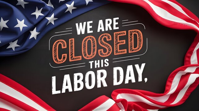 Labor day closed sign with american flag on black background holiday closure notice for business, office, or store patriotic design with us flag