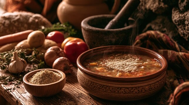 Warm vegetable soup with gofio flour on a wooden table in a rustic Tenerife kitchen
